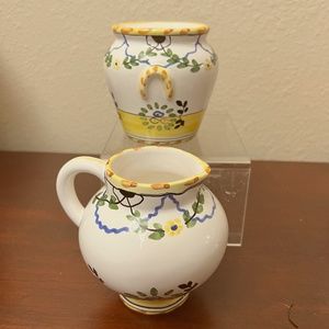 Sugar Bowl-Creamer Large Hand-Painted Pottery Yellow Blue Floral Made in Mexico